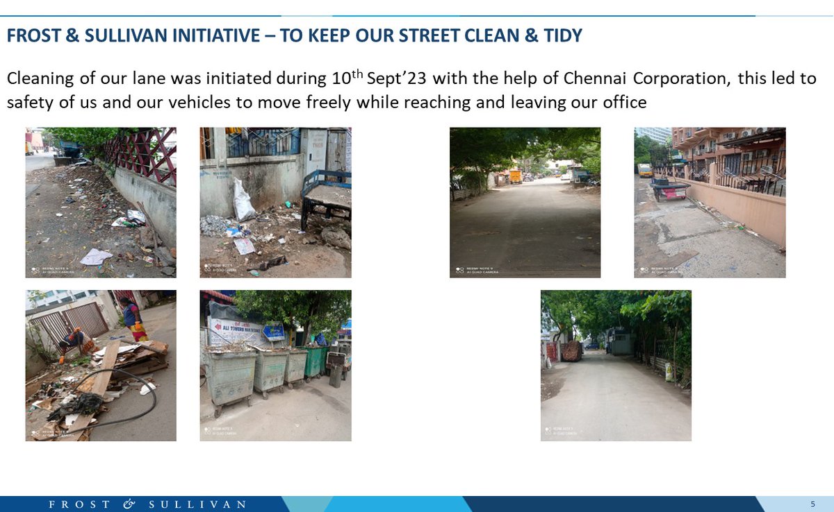 FrostAnand's tweet photo. Transforming Greams Lane into a Clean &amp; Tidy Place - Wish to thank the Corporation of Chennai and to the Frost &amp; Sullivan Facilities team for teaming up and clearing the lane of all the debris!! Way to go on these small but significant initiatives to show we care for everyone. https://t.co/WgxEkeTpRt