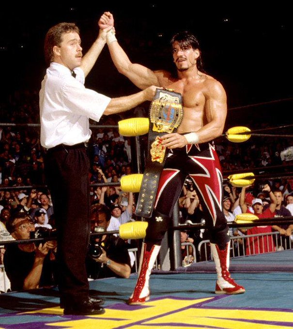 HoursOfWrestlin's tweet photo. On this day in 1997, Eddie Guerrero won the WCW Cruiserweight Championship for the 1st time at Fall Brawl #WCW #WCWFallBrawl #CruiserweightTitle https://t.co/XsrJZ0V50R