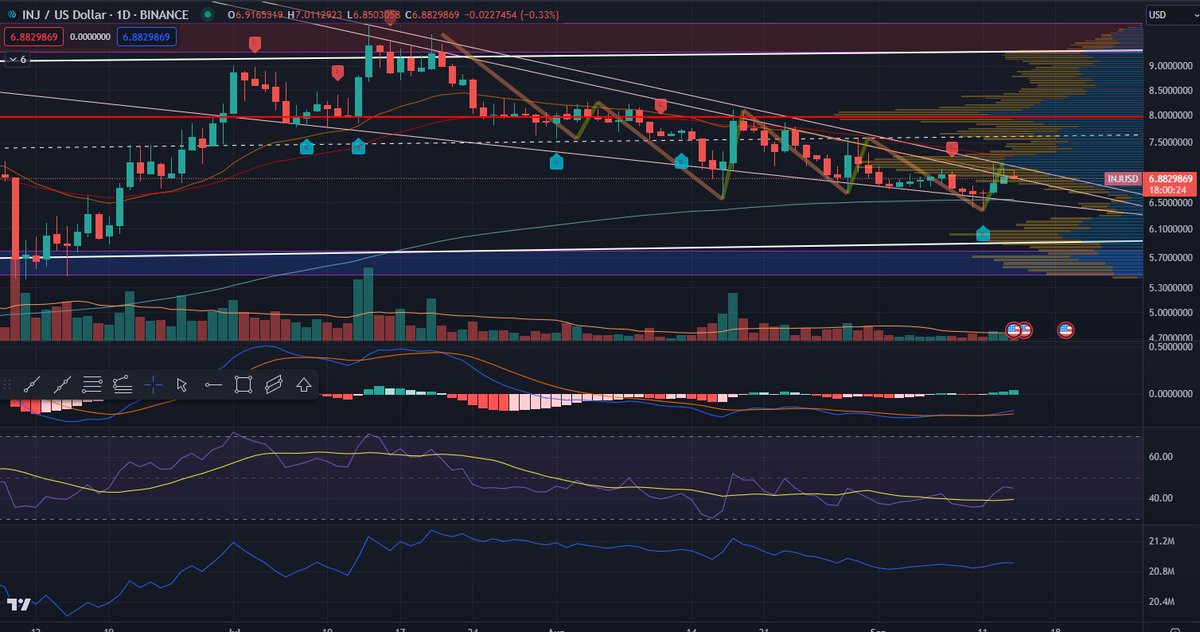 Krishooshoo's tweet photo. Good morning #learningTA. today $INJ
still in the 5.6-9.4 range easy to see on the weekly.
daily downtrend but in descending triangle.
ema 200 acting as good support could be used for entry with tight SL. I'm waiting to enter on a break of the triangle with nice volume https://t.co/pDnEJUO4pM