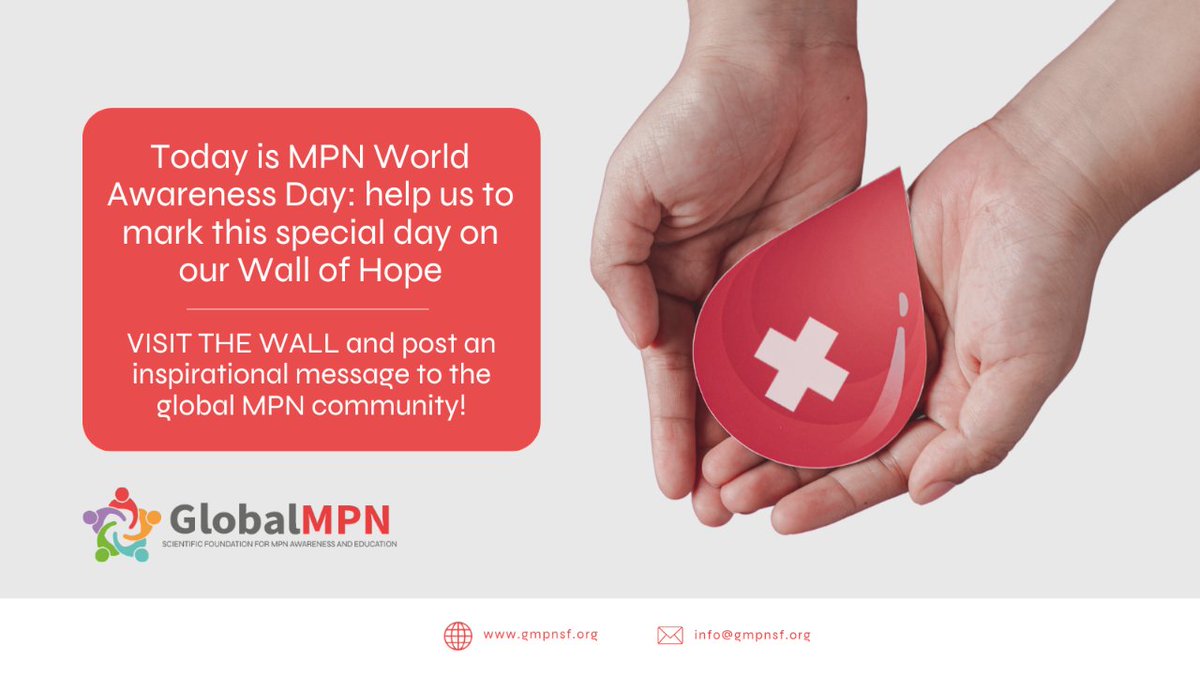 🩸 Today is #MPNAwarenessDay! Join us in spreading awareness about myeloproliferative neoplasms (MPNs), a group of rare blood cancers.

📲 Visit our Wall of Hope and share an uplifting message to inspire others on their MPN journey: bit.ly/3PTdgHx

#MPNsm #buildhopeMPN