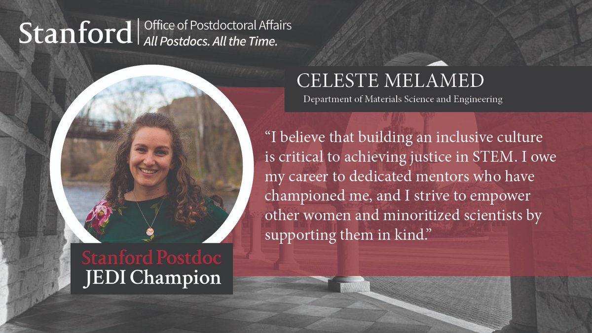 @StanfordOPA is honored to introduce @StanfordMSE postdoctoral scholar, Celeste Melamed, as a member of the #PostdocJEDIChampions2023 cohort! This award recognizes her #JEDI efforts in mentoring undergraduate and graduate trainees. Learn more at: postdocs.stanford.edu/current-postdo….