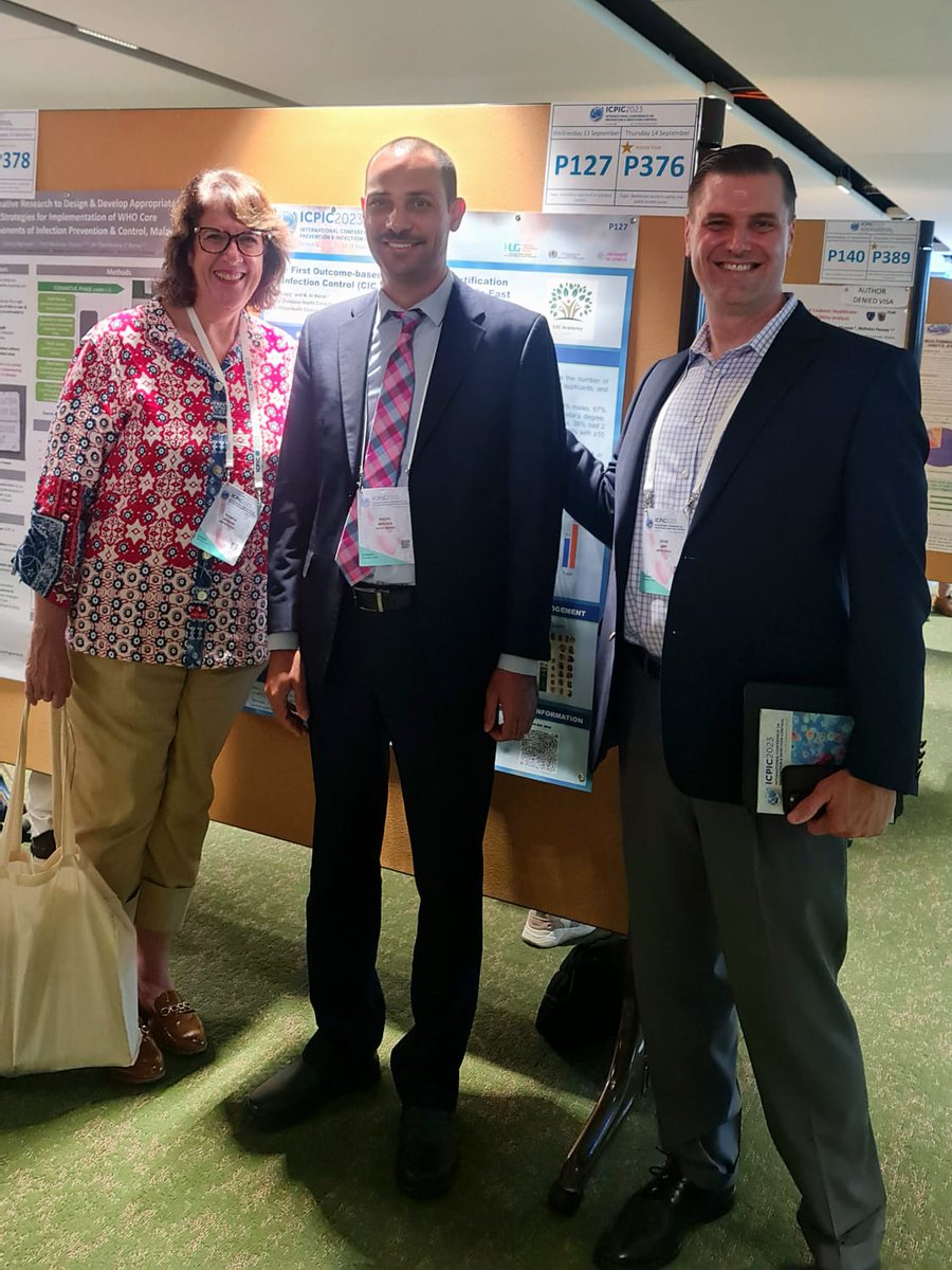 Happy to meet APIC's CEO <a href="/devinjopp/">Devin Jopp</a>  and President <a href="/patriciajackson/">patriciajackson</a>  who passed by to see my poster at #ICPIC2023. We had an excellent discussion on how to improve the #infectionprevention initiatives in the #middleeast.
<a href="/APIC/">APIC</a> 
<a href="/WHO/">World Health Organization (WHO)</a>  
<a href="/ICPIC_meeting/">ICPIC</a>