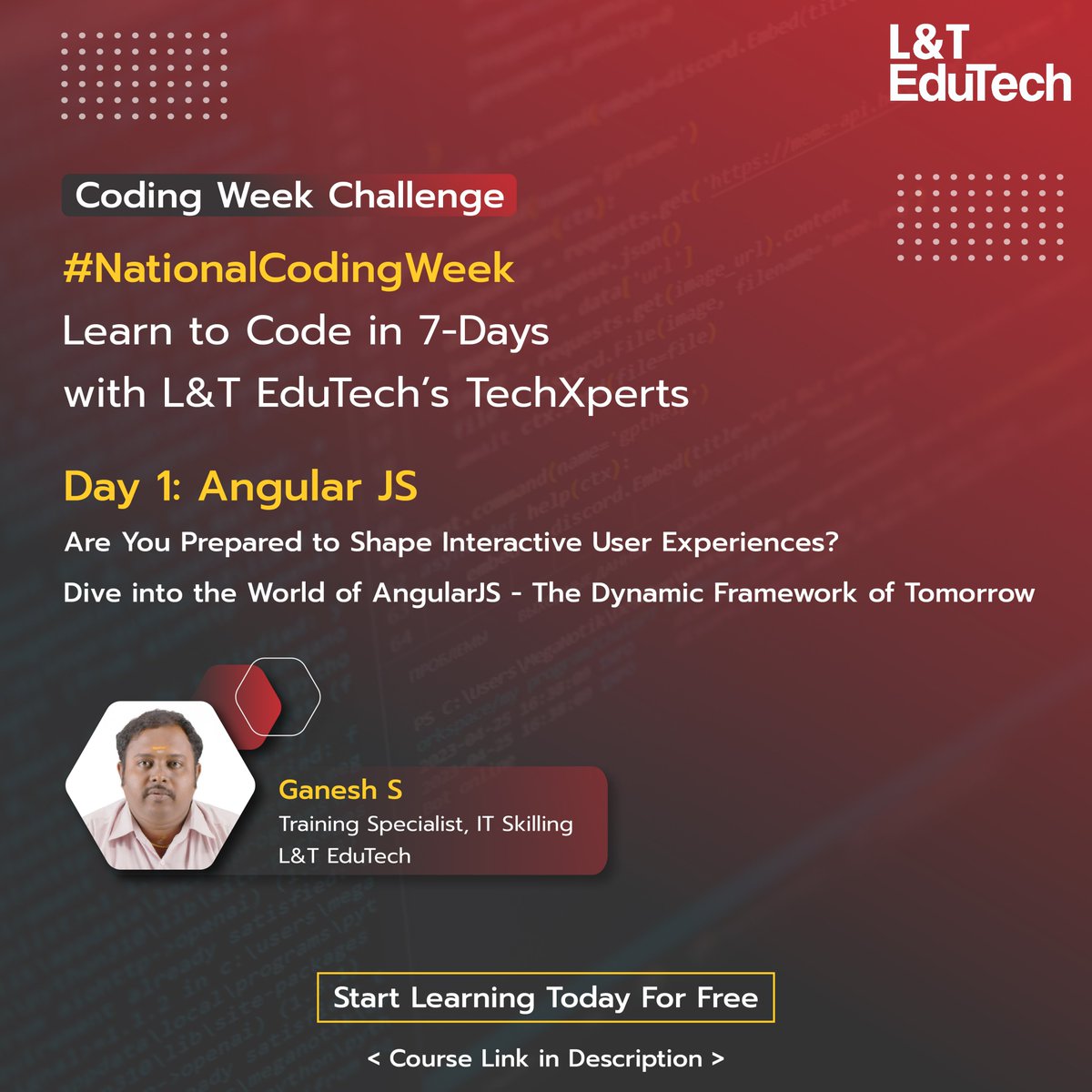 lntedutech's tweet image. #CodingWeekChallenge Day 1: Angular JS
Learn how to use #Angular JS to create structural frameworks for dynamic webpages and applications.
Start learning now! microlearn.lntedutech.com/courseDetails/…
#codein7days #skillup #codingchallenge #programmer #IT #students #CSE #lntedutech #freecourses