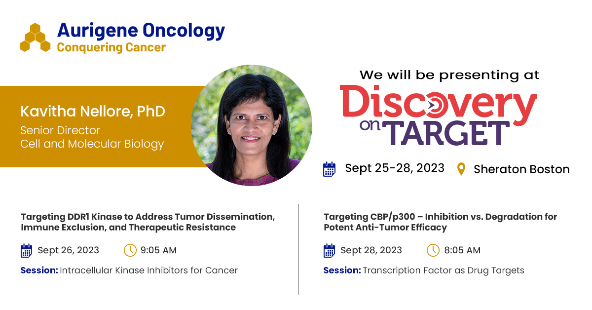 We are excited to discuss our innovative approaches to develop precision therapeutics targeting #CBP, #p300 and #DDR1, at the upcoming Discovery on Target conference. #BostonDOT23
We are open to partnering discussions, reach us at partnering@aurigene.com.
#oncology #smallmolecule