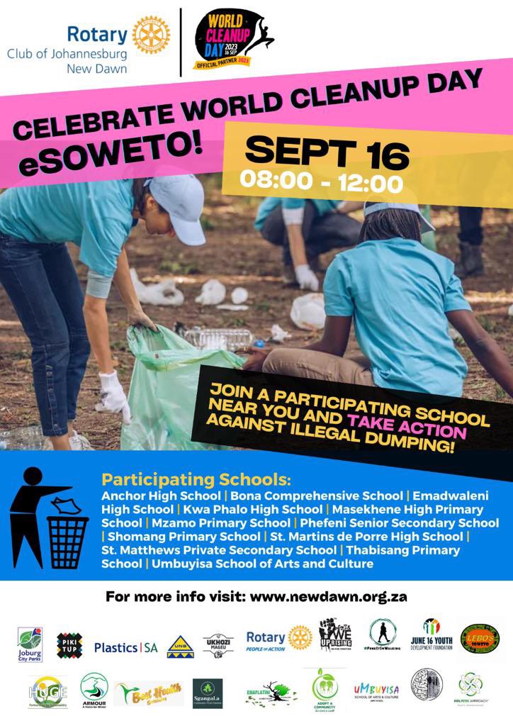 WeUpRisingMove's tweet photo. We’re proud to share our community partnership with @JoburgNewDawn a member of @Rotary . Together, we are taking meaningful action to celebrate @WorldCleanupDay , a global initiative aimed at combatting the worldwide waste crisis and environment pollution. https://t.co/GVyXoja0qG