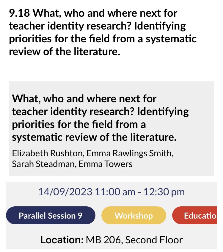 If you are at #BERA2023, do consider attending today’s workshop on findings from our review of teacher identity literature, run by the brilliant and lovely @Geography_Emma @RushtonDr @EmmaMTowers -sorry to miss! @BERANews #identity #dreamteam