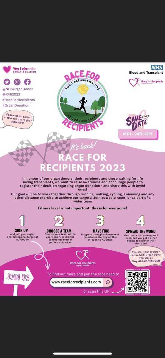#RaceforRecipients2023
NHS Lothian colleages lace up those trainers and join me in the NHS Lothian team to honour our organ donors and recipients. 
Its not a race or a competition.
Log some kms over the week at your own pace in your own style.