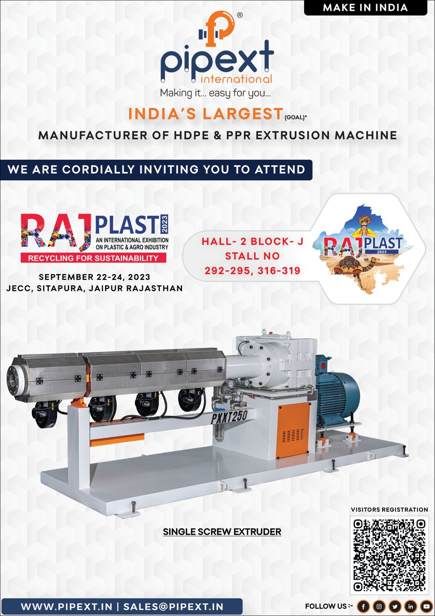 BREngg_Works's tweet image. Our Group Company !!

We are cordially inviting you to attend RAJPLAST 2023 !!

Location:- JECC, Sitapura, Jaipur Rajasthan
September 22-24, 2023
Visitors Registration:- rajplast.org/visitor-form.p…

#pipextinternational #hdpepipemachine #ahmedabad #exhibition #rajplast2023 #jaipur