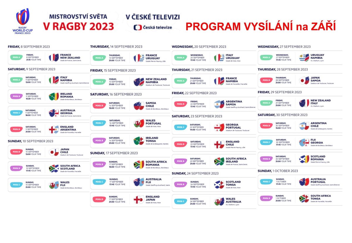 spojka910's tweet photo. Takhle by měl vypadat program vysílaní na CT Sport v září. 
#ragby #rwc https://t.co/MPiuEVPYFt