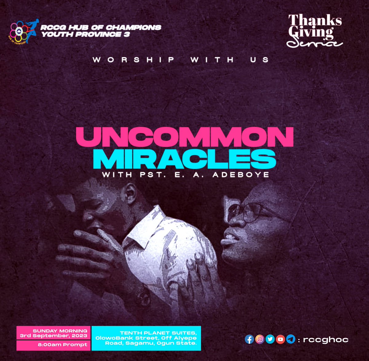 Rccg_HOC's tweet photo. Our God is the God of Miracles, and HE has won our battles for us. All we have to do is to enter HIS Gates with Thanksgiving, and enjoy "UNCOMMON MIRACLES" everyday. 

Join us this Sunday.

See flyer for details.

#SundayService
#RCCG
#HUBOFCHAMPION https://t.co/iTVYZSegpo