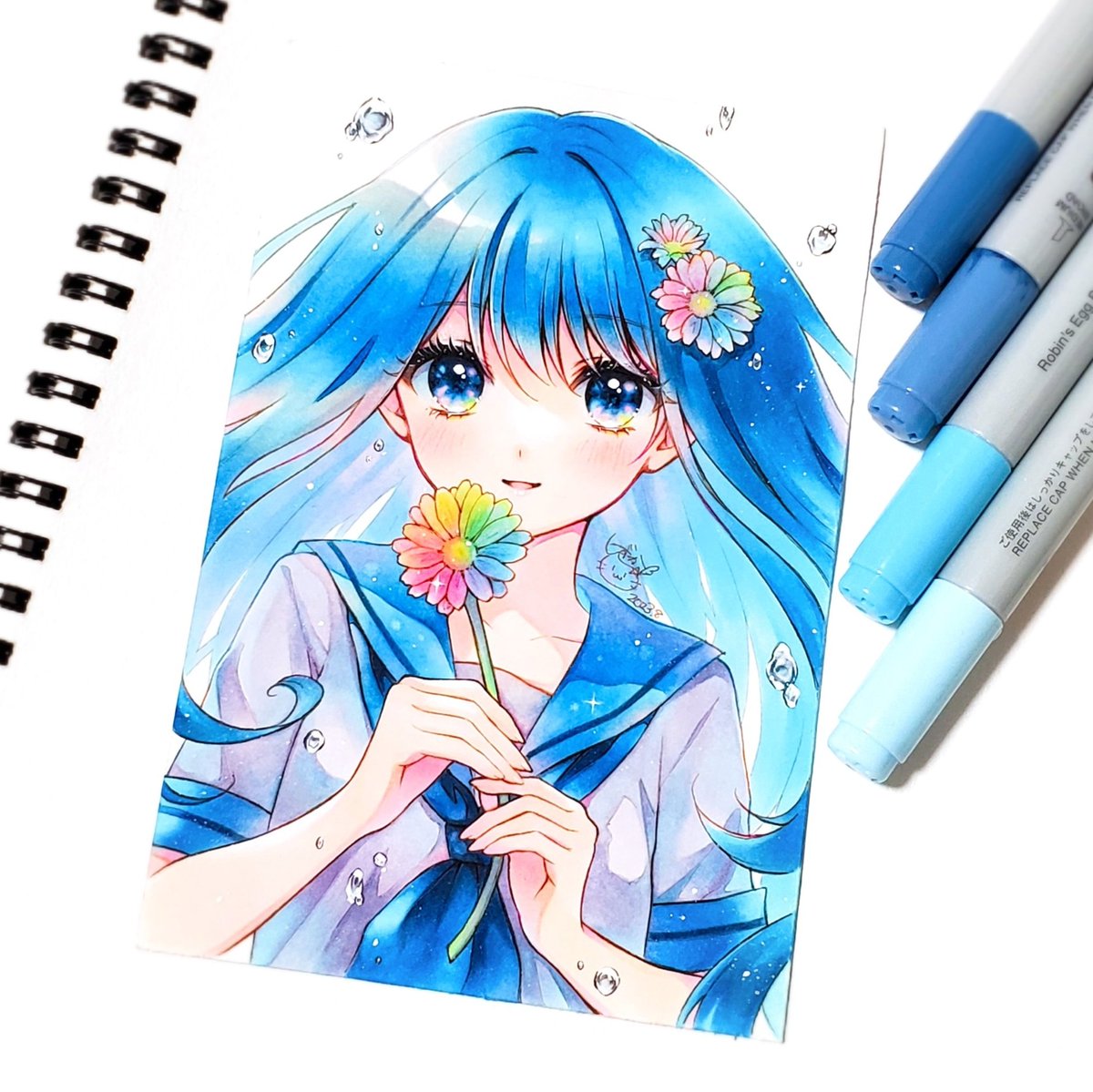 1girl solo traditional media flower blue eyes blue hair hair flower  illustration images