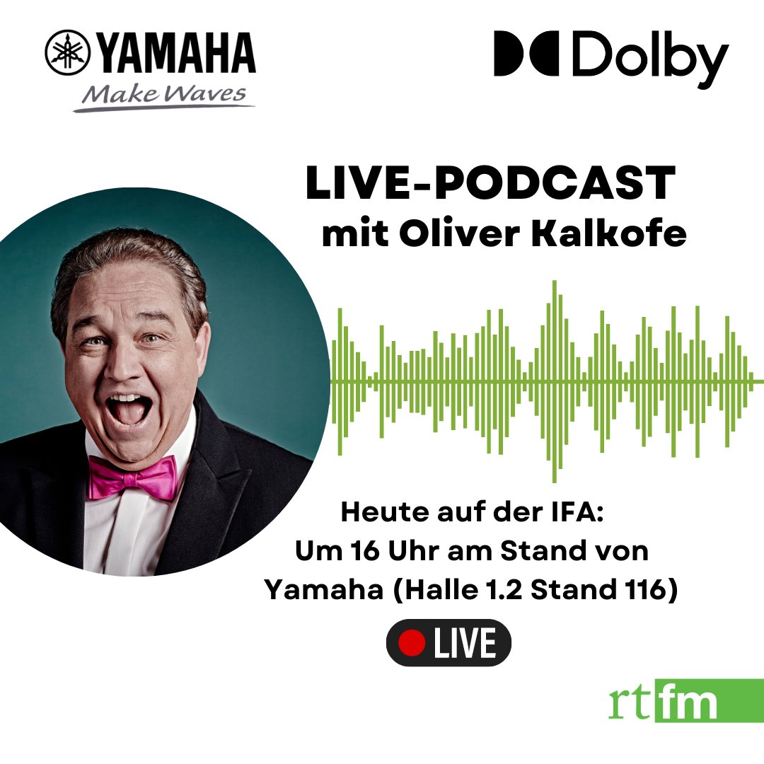 rt_fm's tweet image. Heute live von der @IFA_Berlin: Dolby Podcast mit #OliverKalkofe🔊 Am @YamahaMusicEU
Stand (Halle 1.2, Nr. 116) moderieren Andreas Stumptner (@Dolby) &amp;amp; Sven Schirmer (rtfm) ab 16 Uhr durch den Podcast mit Oliver Kalkofe. Anschließend ist Zeit für eine Autogrammstunde. Seid dabei!