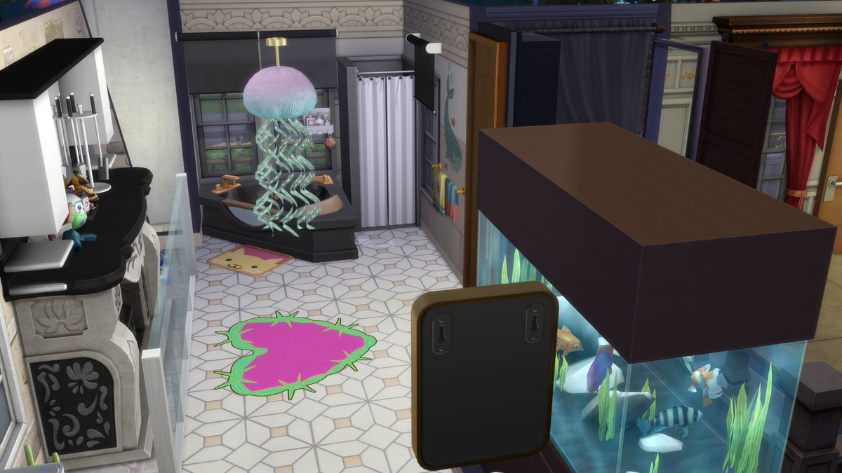 ArmelleAb's tweet photo. #Sims4 Pendant que lui va se baigner en plein hiver, après il va se plaindre qu'il a froid ! #SimsLogic ! Je retrouve la jolie salle de bain dans laquelle j'avais mis tout mon cœur 🥰🥰🥰🥰🥰🥰 https://t.co/lb2czekeQL