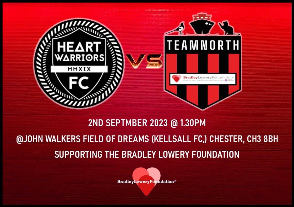 We take on <a href="/heartwarriorsfc/">Heart Warriors FC</a> in Chester this afternoon in a charity match supporting <a href="/Bradleysfight/">Bradley Lowery Foundation</a> with over £2000 being raised . Fantastic effort as always by the lads 👍