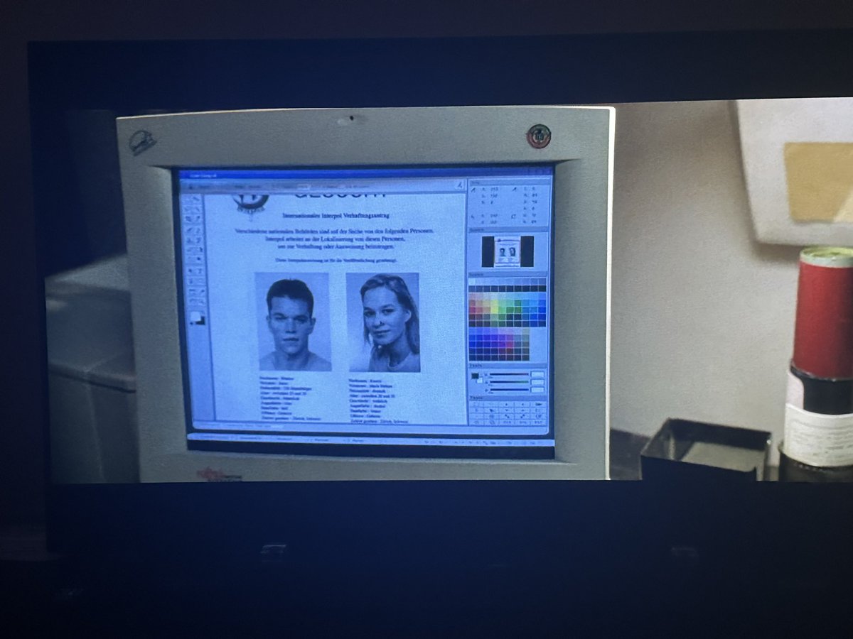 Re-watching The Bourne Identity and about 25 mins in there is a close up of a computer in a CIA safe house in Paris as an agent puts together a fake police report. 

AND THEY ARE USING MICROSOFT PAINT! 

What a movie.