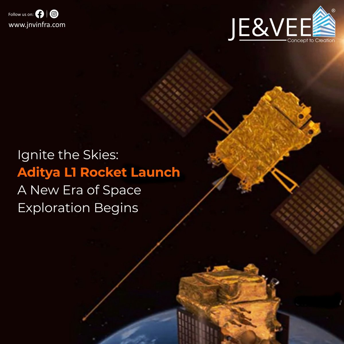 JeVee_Infra's tweet photo. Saluting ISRO's remarkable achievement with the launch of India's first Solar Mission, Aditya-L1! At Je&amp;Vee Infra, we're inspired by their groundbreaking success, fueling our commitment to reach new heights in real estate excellence. 🏡✨

#Jenvee #jvinfra #realestate #AdityaL1 https://t.co/gJFKwqroOE