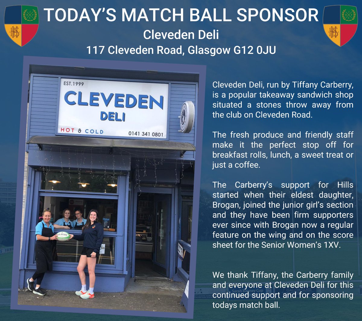 Today's match ball has been sponsored by Cleveden Deli, as a long standing supporter of the team we couldn't think of a better sponsor for our first home game of the season!

Thank you Tiffany and everyone at the deli for your continued support!

💙💚💛❤️
