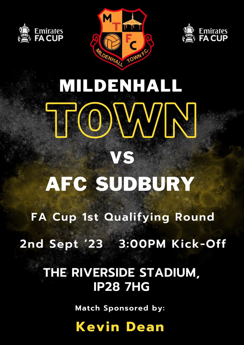 MildenhallTown's tweet photo. ⚽️ MATCH DAY ⚽️

It’s a big one as we welcome Step 3 @AFCSudbury to The Riverside in the 1st Qualifying round of the FA Cup!

The bar &amp; kitchen will be open

£9 adults £6 over 65’s
£3 16/17 year olds 
FREE u16 when accompanied by a paint adult

#upthehall #supportyourlocalclub https://t.co/PuH92Y2frz