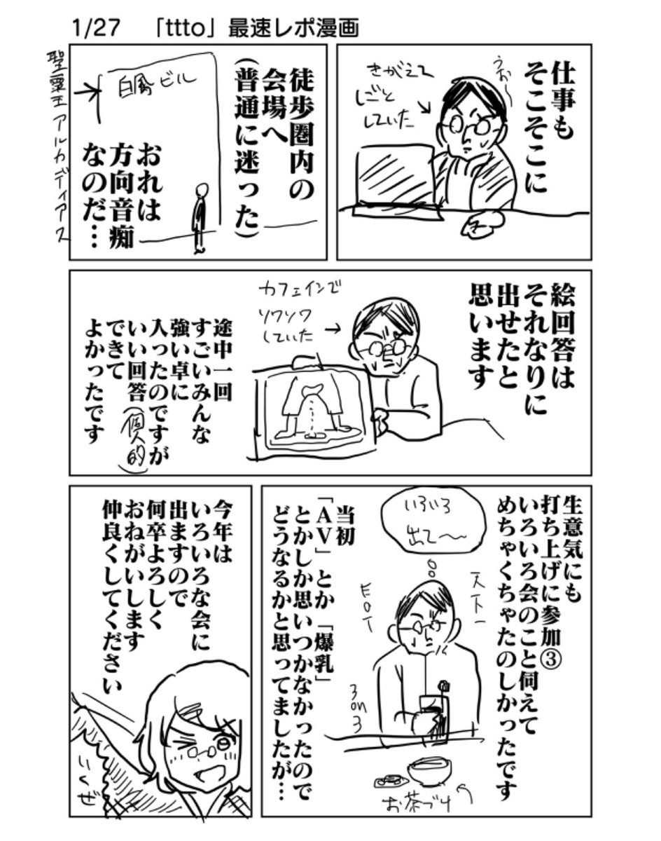 「生意気にも打ち上げに参加」初出クイズ
正解は
「1/27 ttto」でした!!!!!!!
多数派の皆さん、ハズレです。
おれをもっと知ってください。
最初は「あろうことか」打ち上げに参加
でした。
細々言い回しを変えていたのですが、
無事ミーム化しました。