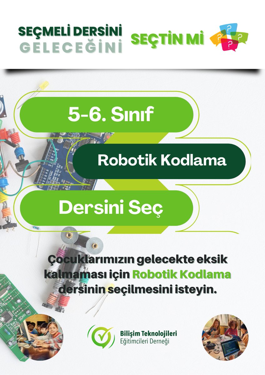 Yeni seçmeli dersleri içeren haftalık ders çizelgeleri bu yıl uygulamaya geçiriliyor. Velilerimizi ve öğrencilerimizi bu önemli değişiklikler için bilgilendirmek gerekiyor.

5. ve 6. Sınıfta Robotik Kodlama
#RobotikKodlama 
#SeçtinMi 

<a href="/btedernegi/">BTE Derneği</a>