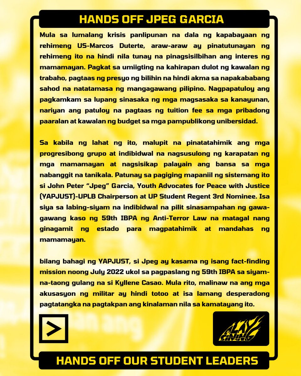 AlaySiningUPD's tweet photo. HANDS OFF JPEG GARCIA! HANDS OFF OUR STUDENT LEADERS!

Mula sa lumalang krisis panlipunan na dala ng kapabayaan ng rehimeng US-Marcos Duterte, araw-araw ay pinapatunayan ng rehimeng ito na hindi nila pinagsisilbihan ang interes ng mamamayan. https://t.co/zRkJRXy4ok