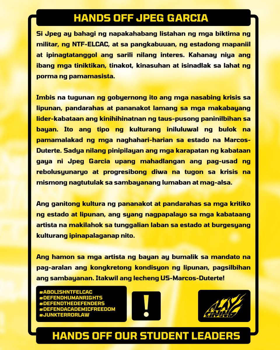 AlaySiningUPD's tweet photo. HANDS OFF JPEG GARCIA! HANDS OFF OUR STUDENT LEADERS!

Mula sa lumalang krisis panlipunan na dala ng kapabayaan ng rehimeng US-Marcos Duterte, araw-araw ay pinapatunayan ng rehimeng ito na hindi nila pinagsisilbihan ang interes ng mamamayan. https://t.co/zRkJRXy4ok