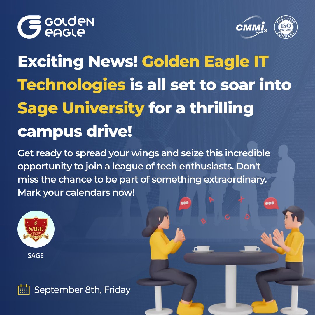 Ready to Take Flight! 🦅 Join us on September 8th at Sage University for a tech-filled adventure. Your future in IT awaits! 🚀👨‍🎓

#GoldenEagleCampusDrive #SageUniversityDrive #GoldenEagleAtSage #TechEnthusiastsUnite #JoinTheLeague #IncredibleOpportunity #MarkYourCalendars