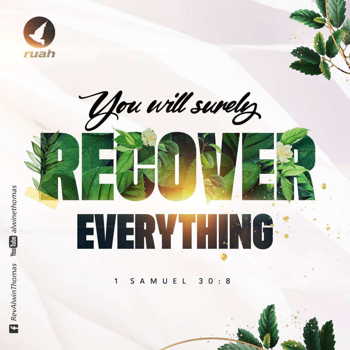 alwinthomas's tweet photo. 1 Samuel 30:8 - "You will surely recover everything".
#dailybreath #ruah #ruahchurch #ruahministries #bibleverse #promiseoftheday #blessingword #verseoftheday #dailyword #sprinkleofjesus #bibleblog https://t.co/LkbfN78z21