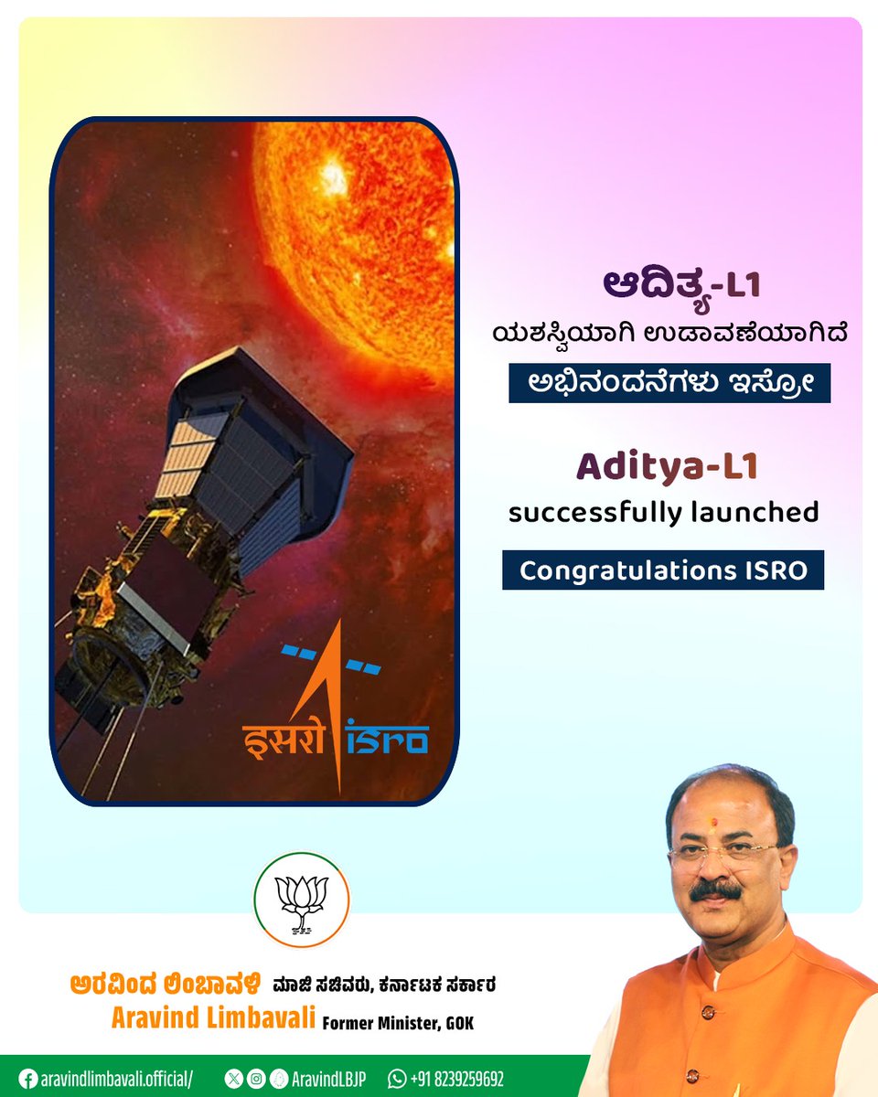 ArvindLBJP's tweet photo. Hearty congratulations to @isro on the successful launch India's first solar mission AdityaL1.

I wish AdityaL1 fulfills its responsibilities successfully and brings more glory to the country.
#AdityaL1Launch https://t.co/5qP0BvNSsh