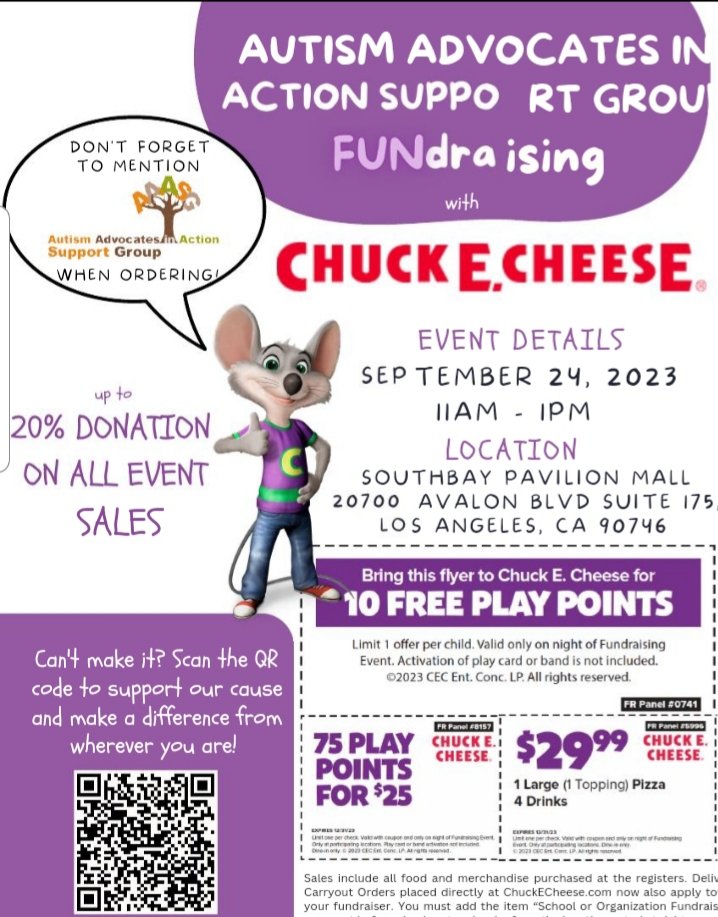 AutAdsNAction's tweet image. Join us for our #fundraiser #nonprofitfundraising #autismprograms #differentabilities #Donations link in bio #AutismAwareness
#AutismAcceptance #autismfamilies #FundraisingFriday #chuckecheese @ChuckECheese #cityofcarson
