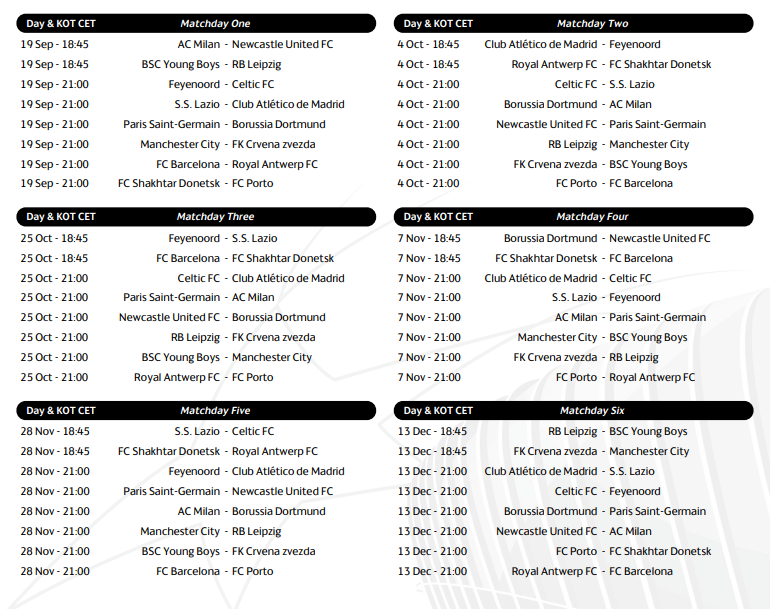 Champions League fixtures for Groups E to H, including Celtic, Newcastle United, Man City and Barcelona. #UCL

Newcastle start away to AC Milan, and finish at home to AC Milan.