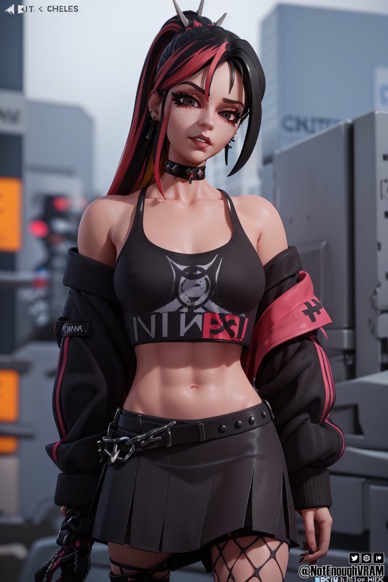 NotEnoughVRAM's tweet image. Lil cyberdoodle 😆
Here's some amped up Helsie for yalls :&amp;gt;

#FortniteChapter4Season4 #fortnite #AIArtworks #aiartcommunity #characterai #characterdesign #characterart #cyberpunk