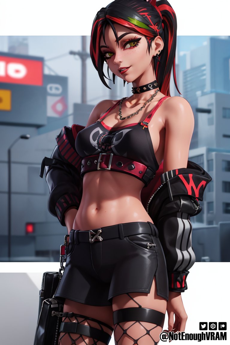 NotEnoughVRAM's tweet image. Lil cyberdoodle 😆
Here's some amped up Helsie for yalls :&amp;gt;

#FortniteChapter4Season4 #fortnite #AIArtworks #aiartcommunity #characterai #characterdesign #characterart #cyberpunk