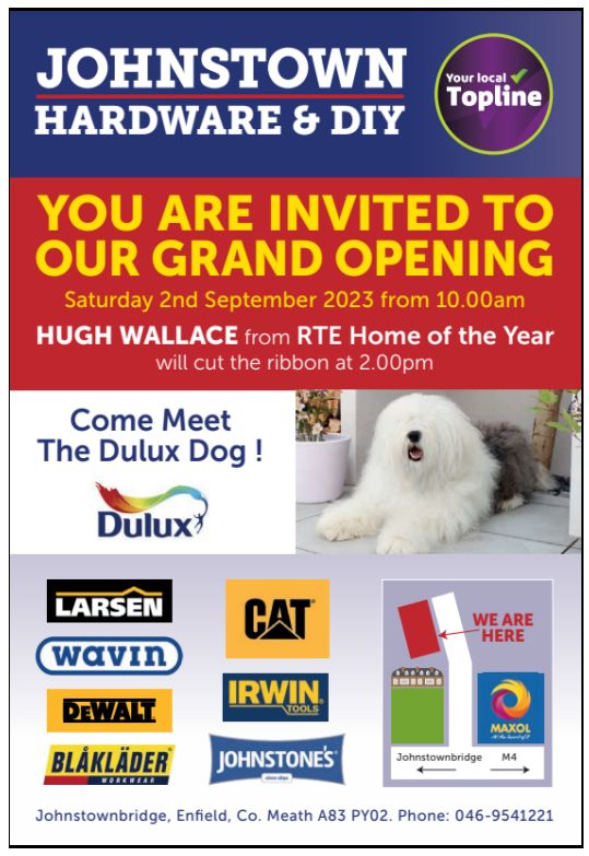 JTBGAA's tweet photo. Good luck to the Greville family on their big day today. 

Thank you for your ongoing support of Johnstownbridge GAA Club.

Do come along today and join in the celebrations as they officially open their new store. https://t.co/EKA2zDjsMM