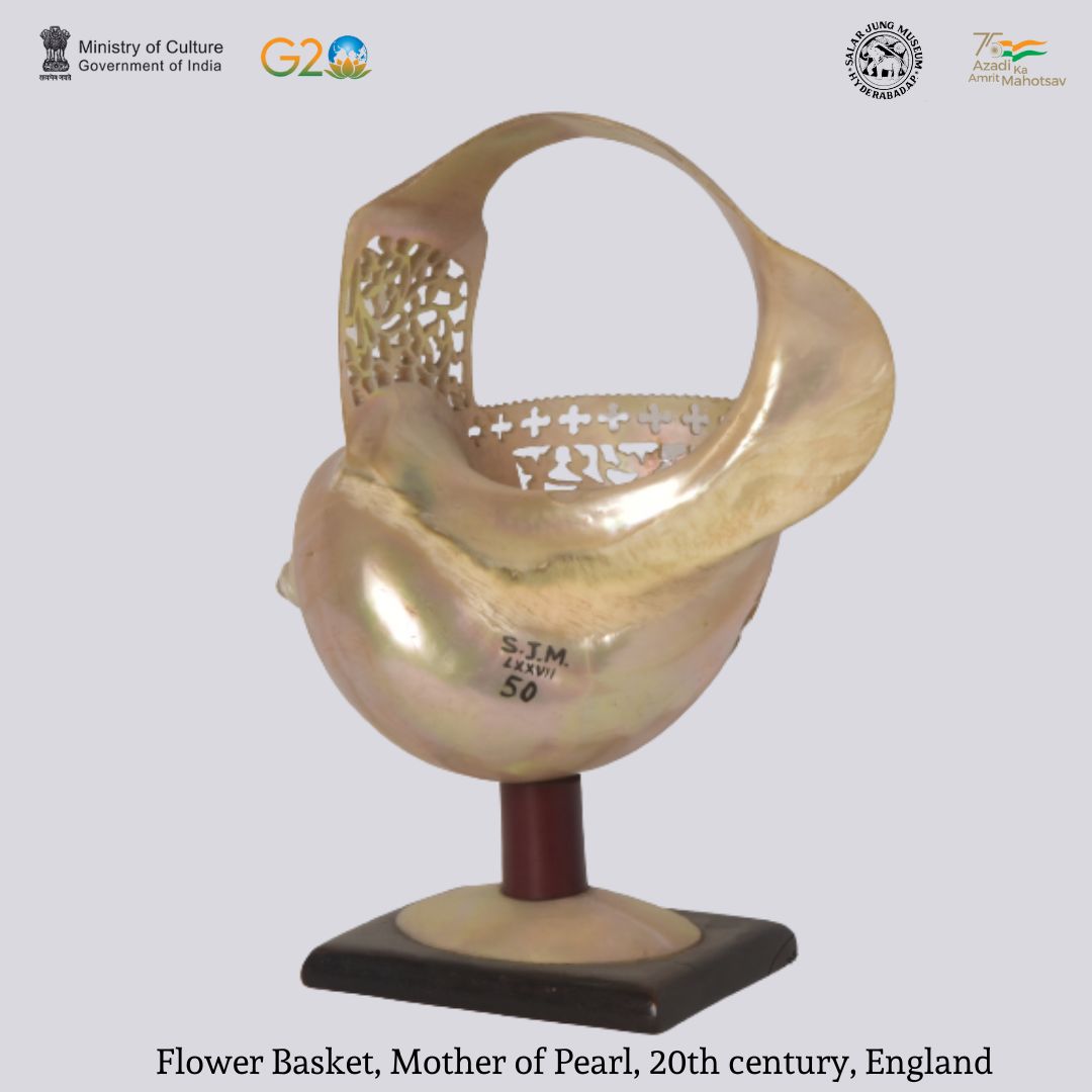 Flower basket made of mother of pearl from England, dated 20th century. Since the Renaissance, the trade in mother of pearl was an active global enterprise. Viable shells would be transported by sea from Asian waters,  to Europe. 
#SalarJungMuseum #AmritMahotsav #flowerbasket