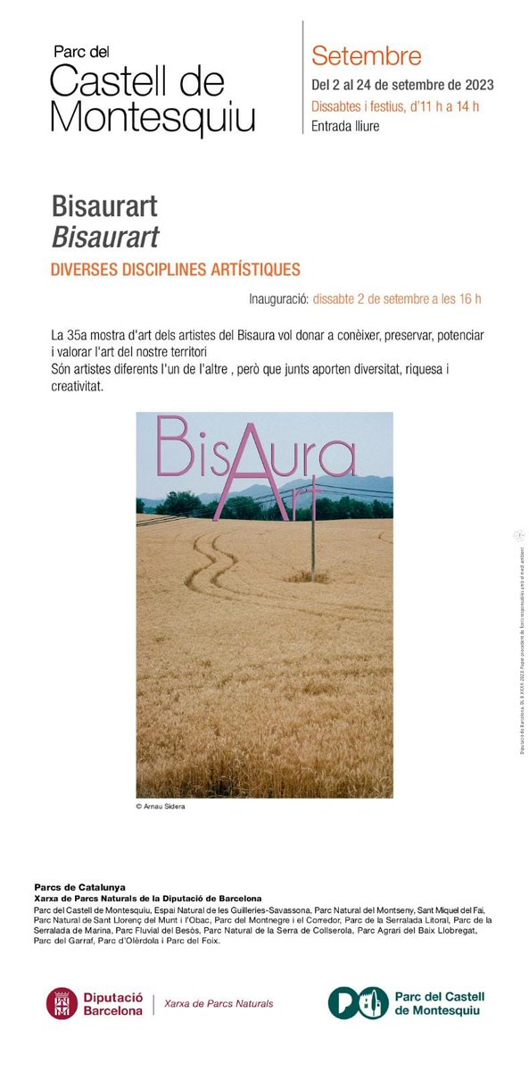 AjMontesquiu's tweet photo. 📷Exposició Bisaurart
🖼️Avui dissabte 2 de setembre a les 16h, s'inaugura la 35a mostra d'art dels artistes del #Bisaura amb l'objectiu de donar a conèixer, preservar, potenciar i valorar l'art del nostre territori. https://t.co/ggoKDI3fFq
