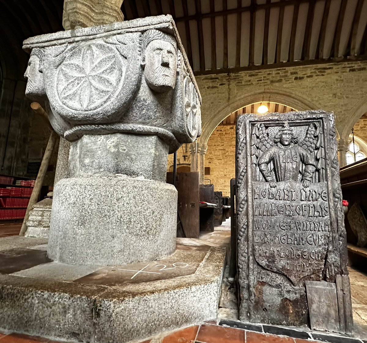 St Nonnas, Altarnun, Cornwall - the 1150s font & 1520s benchends.