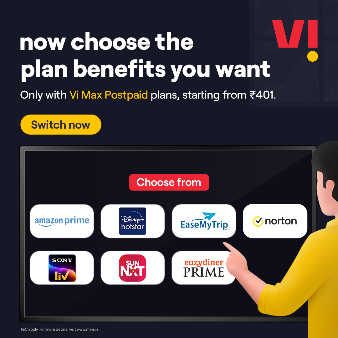 ViNewsOfficial's tweet image. As part of our endeavour to offer tailor-made benefits to our users, we have announced an industry-first initiative ‘Choice’ under Vi Max Postpaid Plans proposition. Vi #postpaid users can now opt for exclusive lifestyle benefits across categories like Entertainment, Food,
