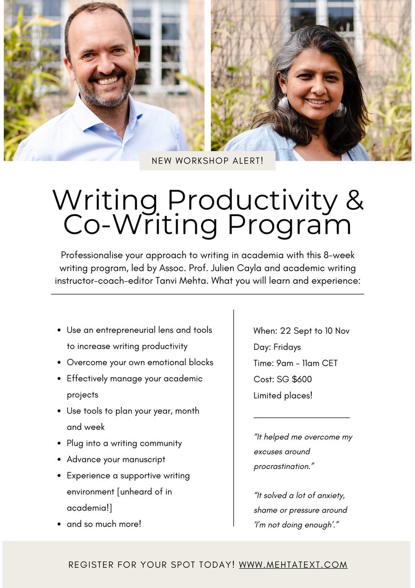 #AcademicTwitter #AcademicChatter #phdchat #socphd are you ready to stop procrastinating? do you want to 'just get it written'? join us this september for 8 weeks. strategies to be productive and actual writing in a group. sign up now. mehtatext.com/coursesandwork…
