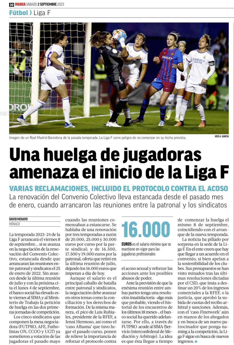 📢 Hemos convocado huelga en la Primera División de Fútbol Femenino para las dos primeras jornadas de la temporada, los días 8 y 15 de septiembre.    

La patronal se muestra inamovible en cuanto a mantener el mismo salario mínimo que en 2019.

marca.com/futbol/futbol-… <a href="/marca/">MARCA</a>