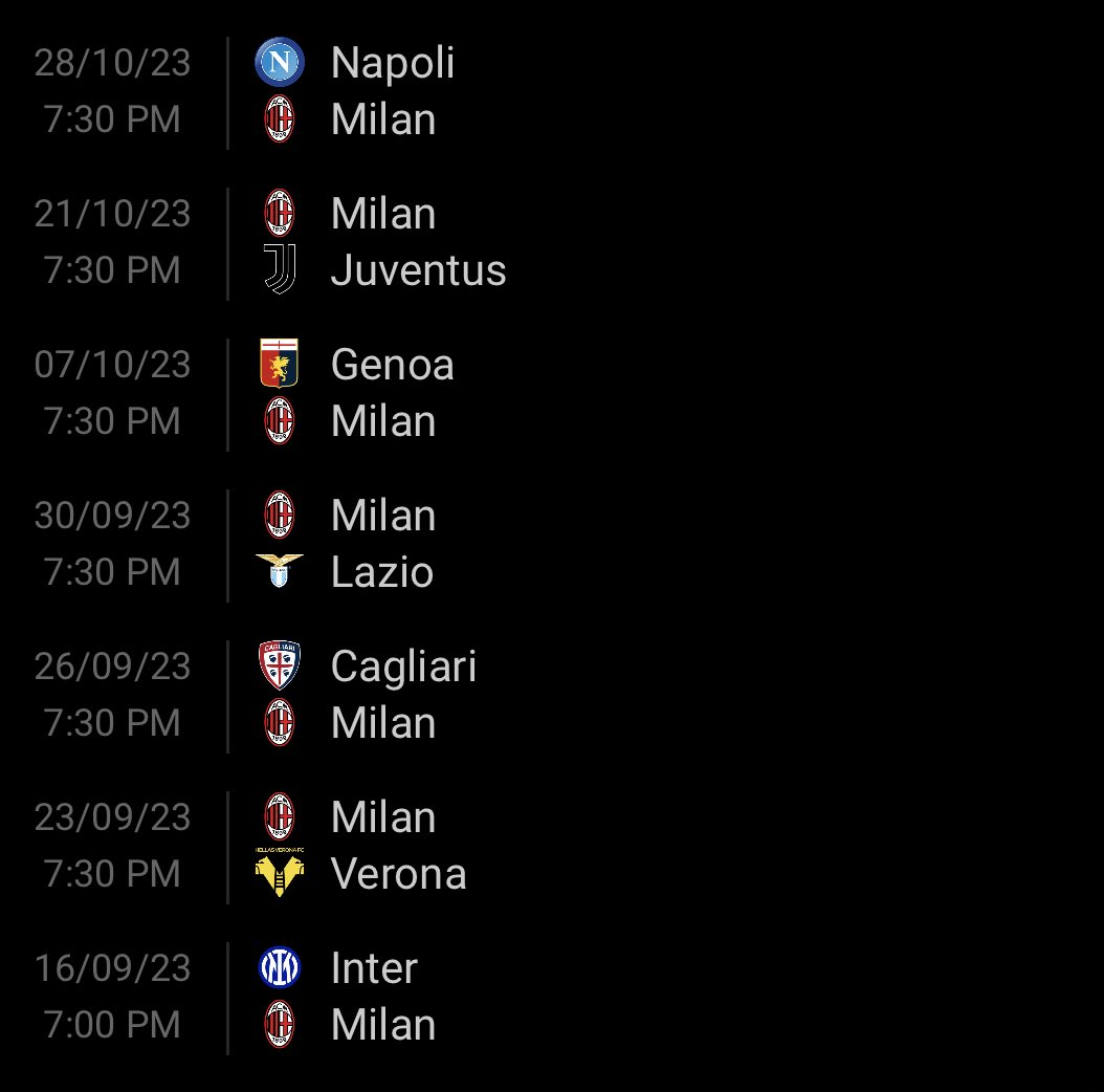ميلان خلال شهري سبتمبر و اكتوبر سيواجه كل من :

- الانتر
- نيوكاسل
- لاتسيو 
- دورتموند 
- PSG
- نابولي
- يوفنتوس 
🙃