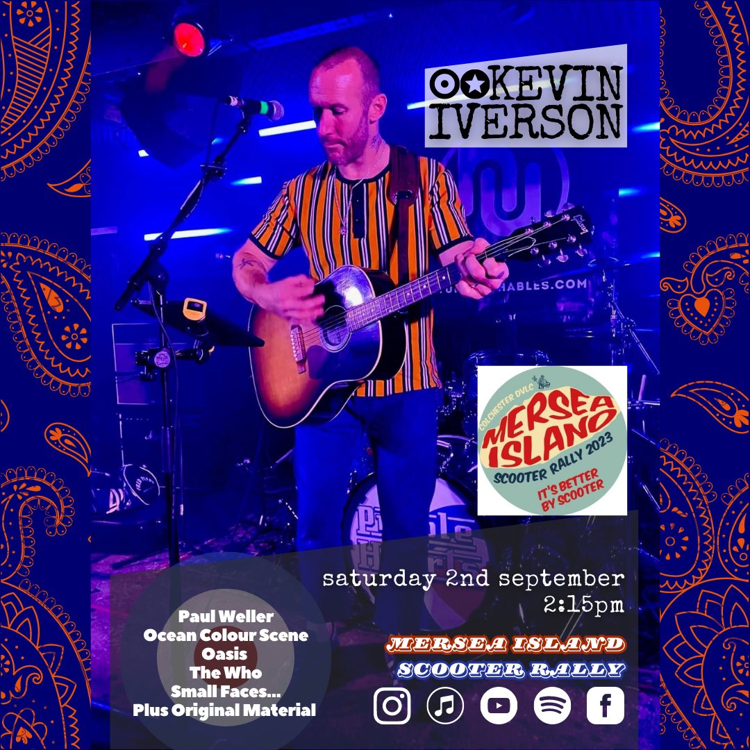 T O D A Y (02.09.23) I’m at Mersea Island Scooter Rally (2nd September) at 2:15pm. 

My brand new single ‘STONE’ is OUT NOW. Click Here:

share.amuse.io/track/kevin-iv…

Shirt: @MadcapEngland 

#relcolondon  #britpop  #mods #scooterscene #lambretta #vespa #royalalloy #madcapengland