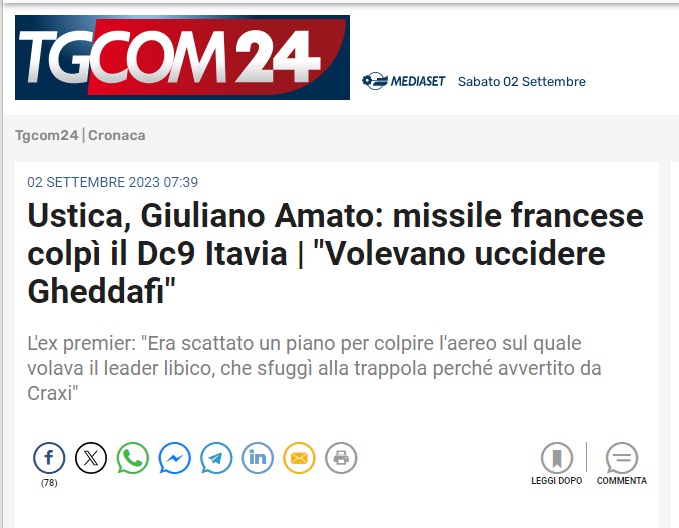 strange_days_82's tweet photo. Sulla strage di Ustica Giuliano Amato afferma che il DC-9 è stato abbattuto da un missile francese durante un’operazione Nato concordata con gli Stati Uniti per uccidere Gheddafi. Da questa tragica vicenda, cito le parole di Amato, è emerso “che l’apparato della Nato poteva decidere un atto di guerra in tempo di pace senza prendersi la briga di avvertire il ministro della Difesa, violando palesemente la nostra sovranità nazionale”. Secondo l’ex presidente del Consiglio, sempre alla Nato si deve la cortina di silenzio calata anche dai nostri apparati militari.
Chi l'avrebbe mai detto? 
#Gheddafi #Ustica #Craxi #NATO #Macron #Francia