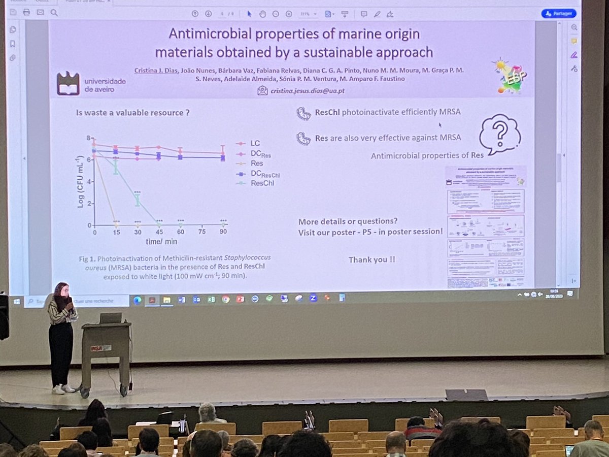 MAmparoFaustino's tweet photo. On august 28 - Parallel symposia Human antimicrobial PDT, ESP-ASP symposium, from 20th @EurSocPhotobiol Congress, @cristinajdias presented her interesting poster entitled Antimicrobial properties of marine origin materials obtained by a sustainable approach. #ESP2023Lyon https://t.co/Dpme7NMmjA