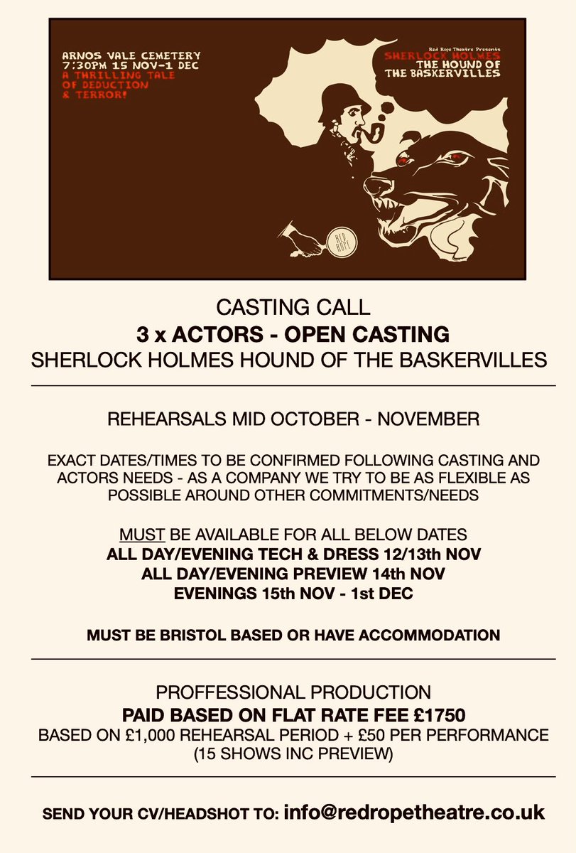 RedRopeTheatre's tweet photo. 📣CASTING CALL!📣
If you’d like to work with us on this years 6th production at Arnos Vale then please get in touch. 
We’re looking for professional actors, who are great team players, elements of multi-role casting, so would love to get stuck in to a bit of everything! https://t.co/3IMKQ7YD0C