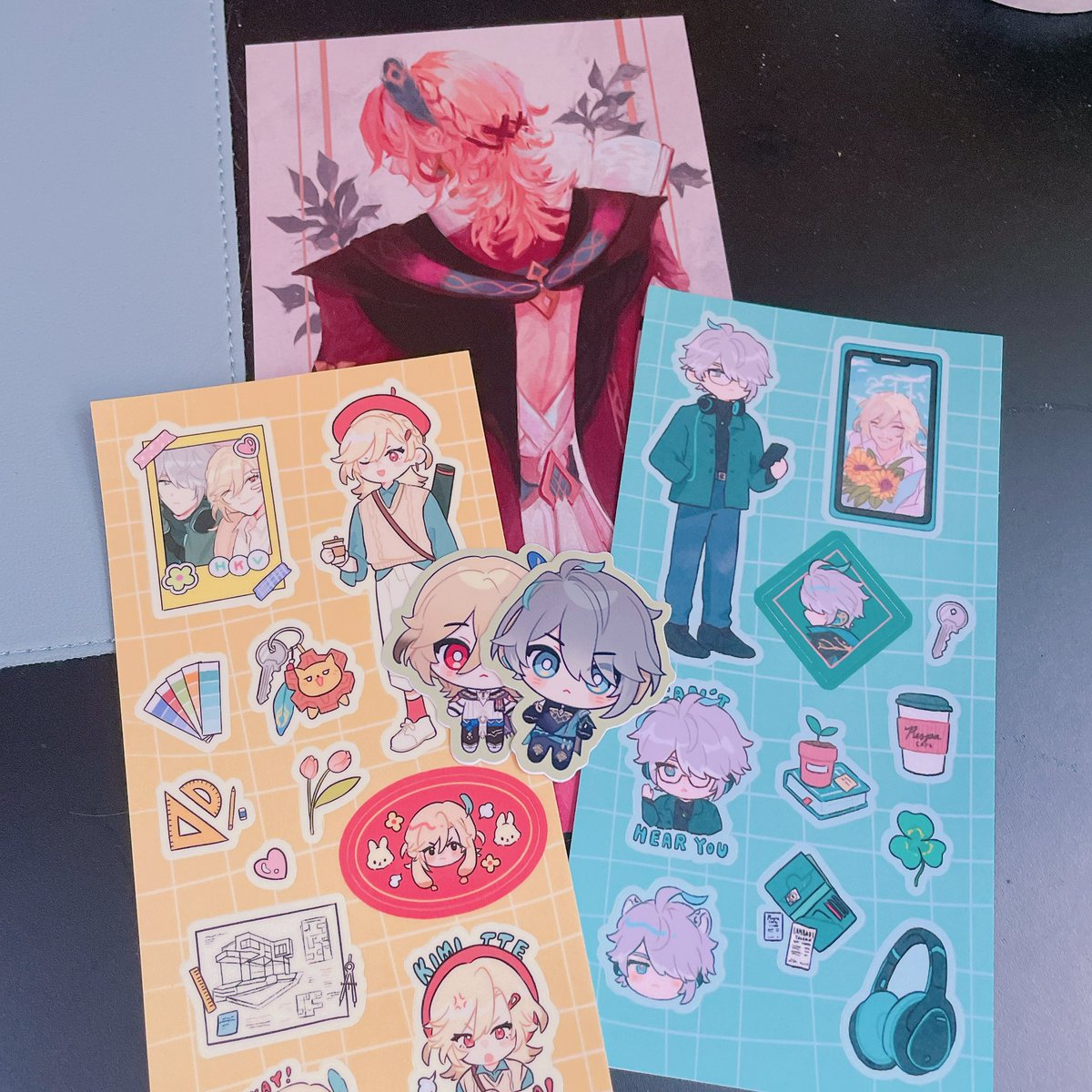 Damage done from artcade~ Really love how cute the stickers are and also finally found the Kaveh art piece I had been searching since the beginning of this year 🥹 Stickers: @banacotta , @pootaetae Print: @karqmie