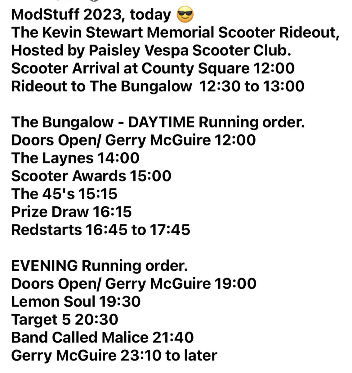 LNPPromotions's tweet image. ModStuff running order at today’s #spreeforall #paisley #countysquare @BungalowPaisley #community