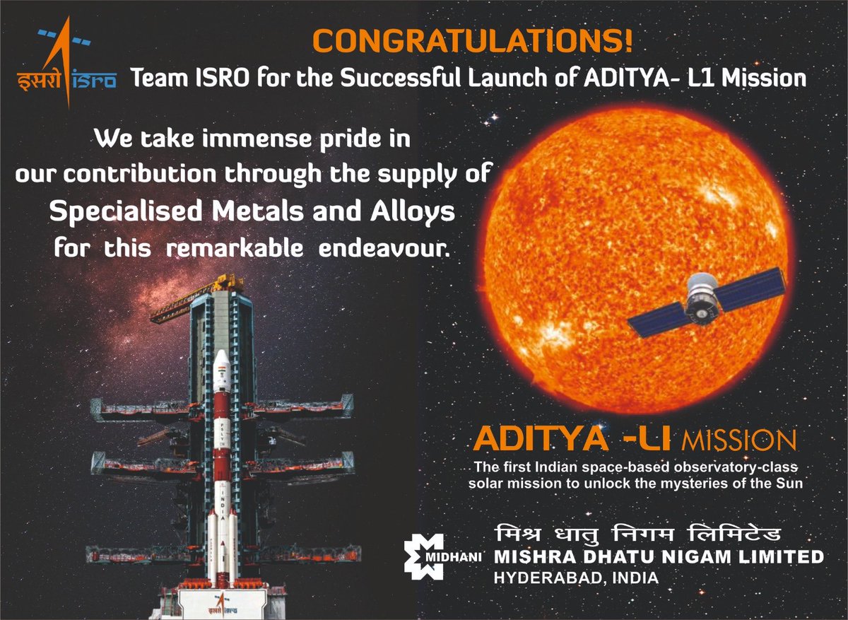 CMD_MIDHANI's tweet photo. MIDHANI is proud to be associated with yet another successful mission of ISRO. https://t.co/EkS4UO56uc