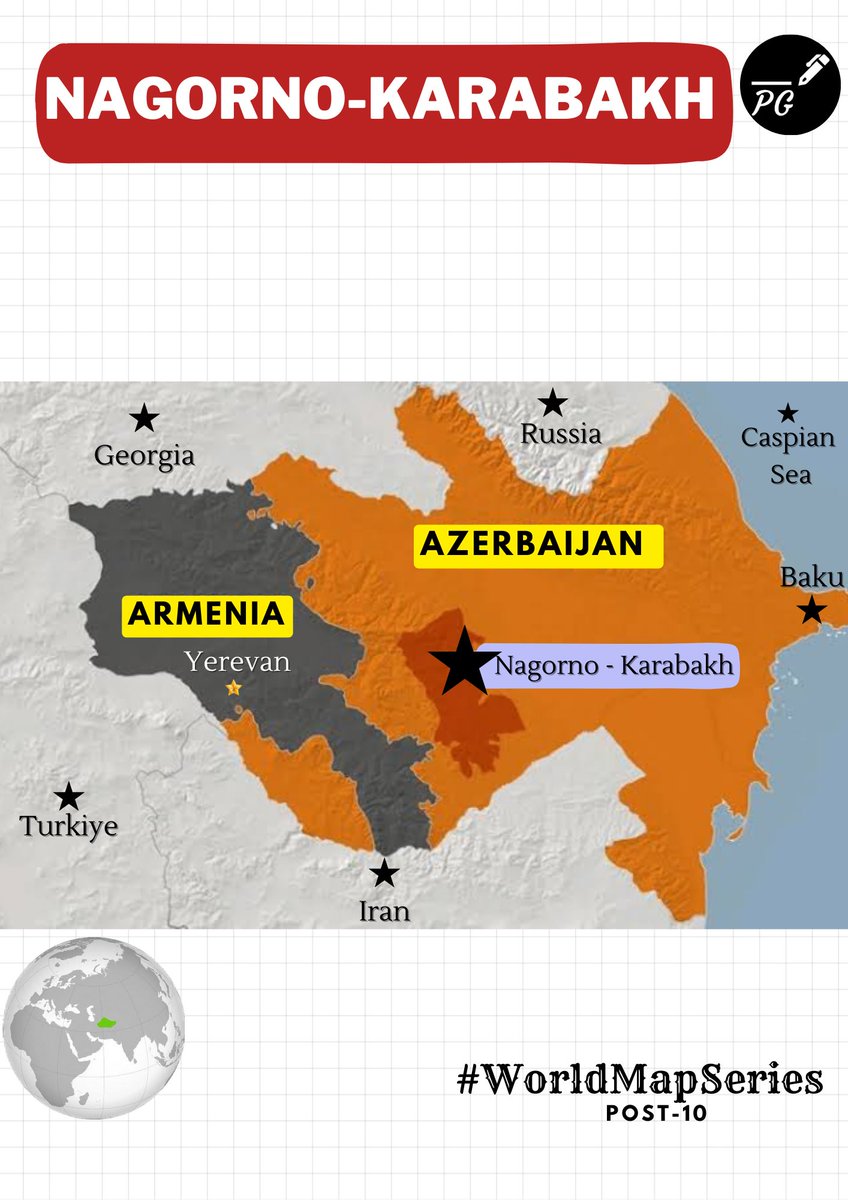 ProxyGyan's tweet image. 🗺️ “Nagorno-Karabakh: A Region Marked by Conflict and Complexity” 🇦🇲🇦🇿

Conflict Zone between Armenia and Azerbaijan,
Russian peacekeepers have been deployed since 2020 to monitor a Russia-brokered Ceasefire.

Follow @ProxyGyan 

#WorldMapSeries 
#UPSC