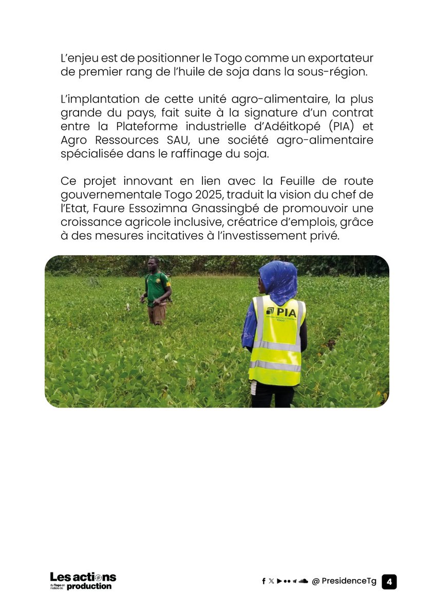 Le gouvernement togolais vient de relever un défi important dans l’agro-alimentaire, avec la mise en service ce 31 août 2023, de l’usine de transformation du soja, dénommée ‘’Togo Soja’’.

Les précisions dans le document ci-dessous 👇🏽